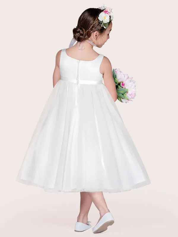 Ivory Tulle Jewel Neck Sleeveless A-Line Kids Party Dresses
