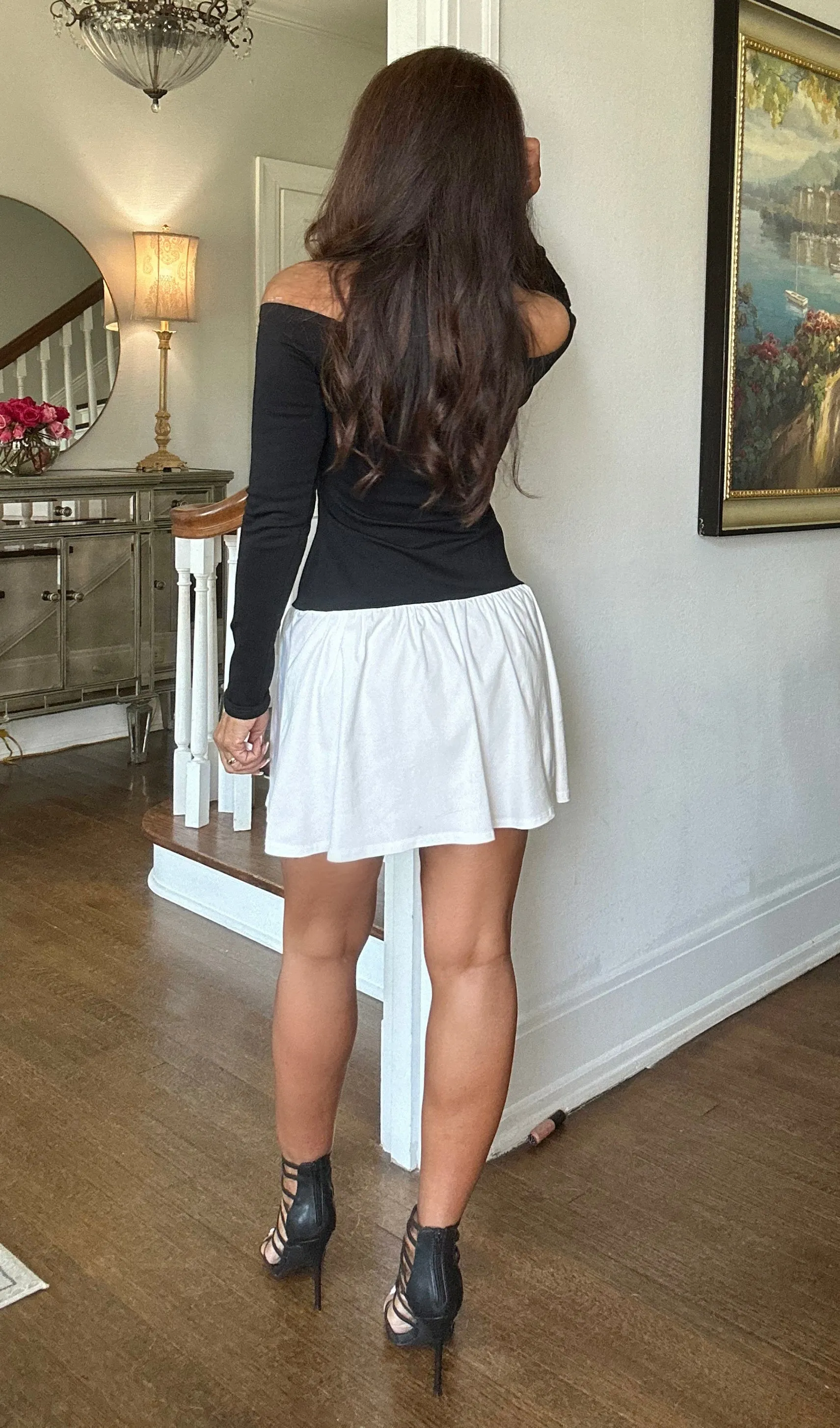 Ivy black and white off shoulder long sleeve mini dress