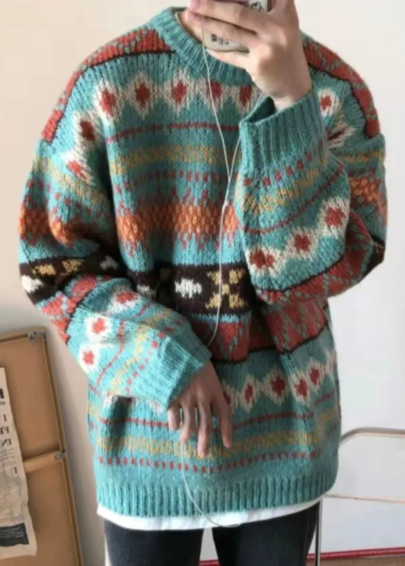 Jacquard Blue O Neck Cozy Knit Mens Sweaters Fall GEM620