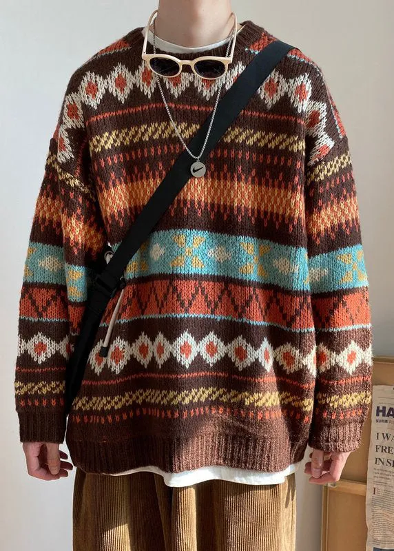 Jacquard Blue O Neck Cozy Knit Mens Sweaters Fall GEM620
