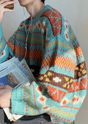 Jacquard Blue O Neck Cozy Knit Mens Sweaters Fall GEM620