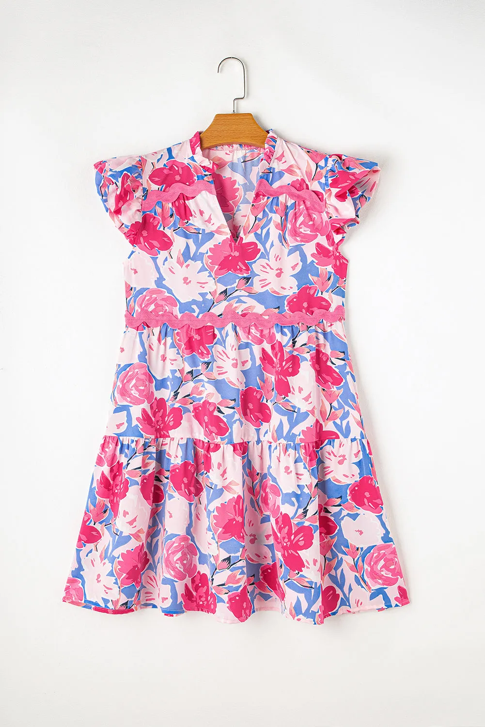 KaleaBoutique Floral Printed V Notched Ric Rac Flutter Sleeve Dress