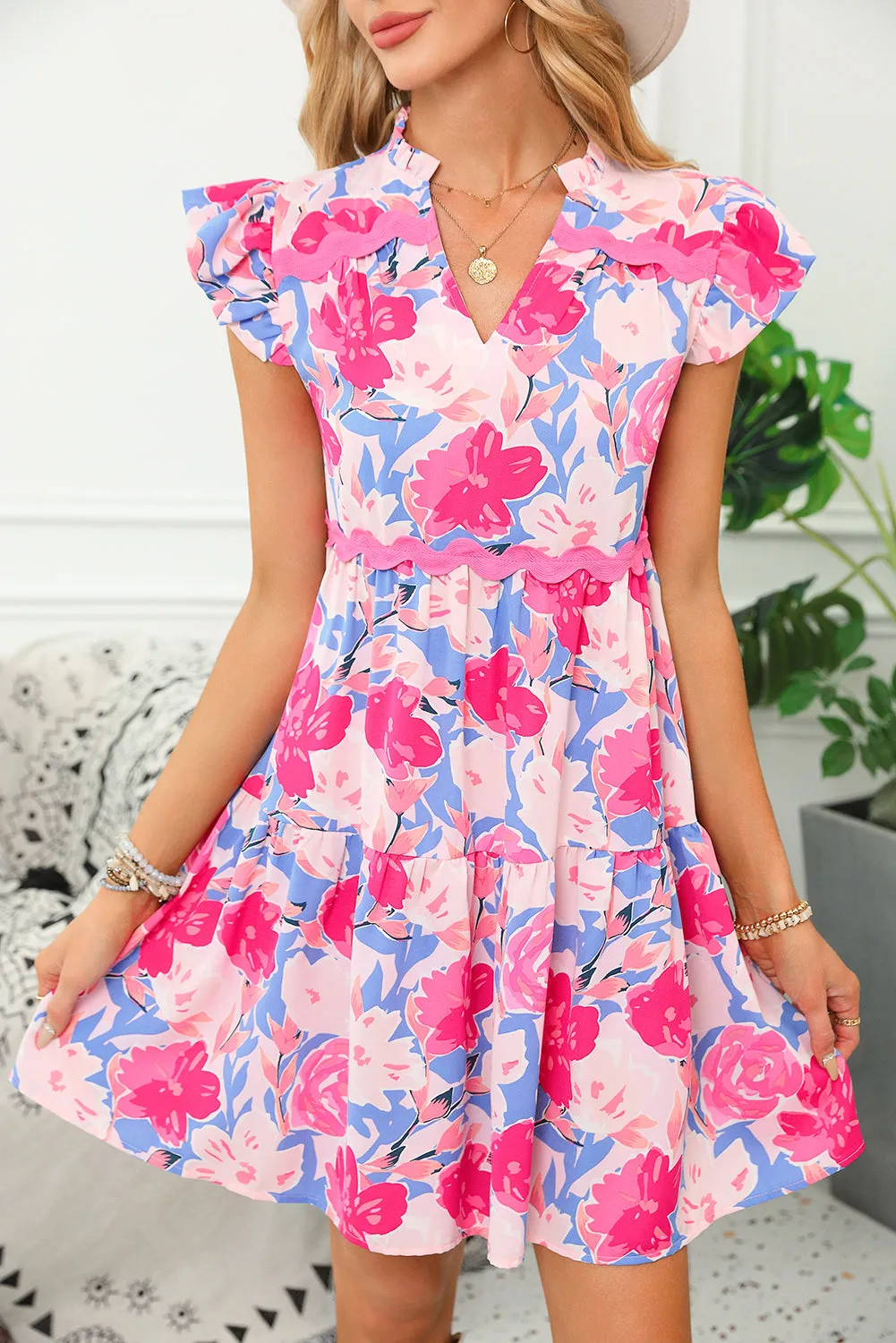 KaleaBoutique Floral Printed V Notched Ric Rac Flutter Sleeve Dress