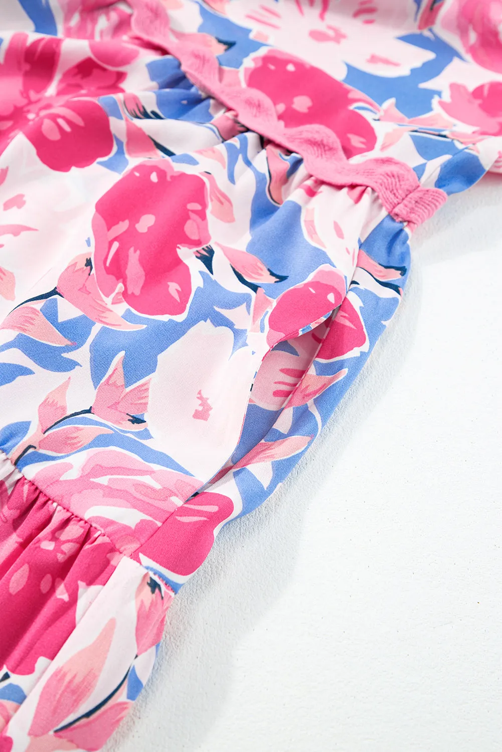 KaleaBoutique Floral Printed V Notched Ric Rac Flutter Sleeve Dress