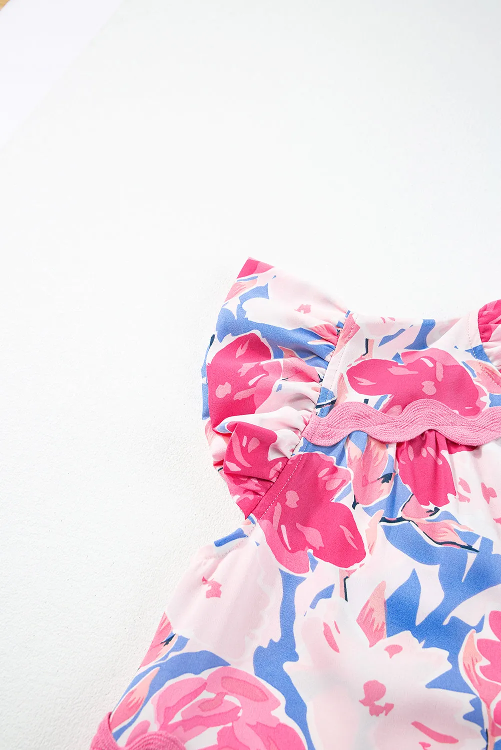 KaleaBoutique Floral Printed V Notched Ric Rac Flutter Sleeve Dress