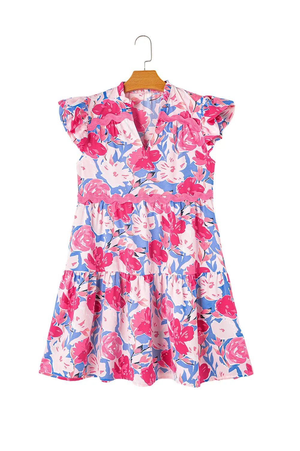 KaleaBoutique Floral Printed V Notched Ric Rac Flutter Sleeve Dress