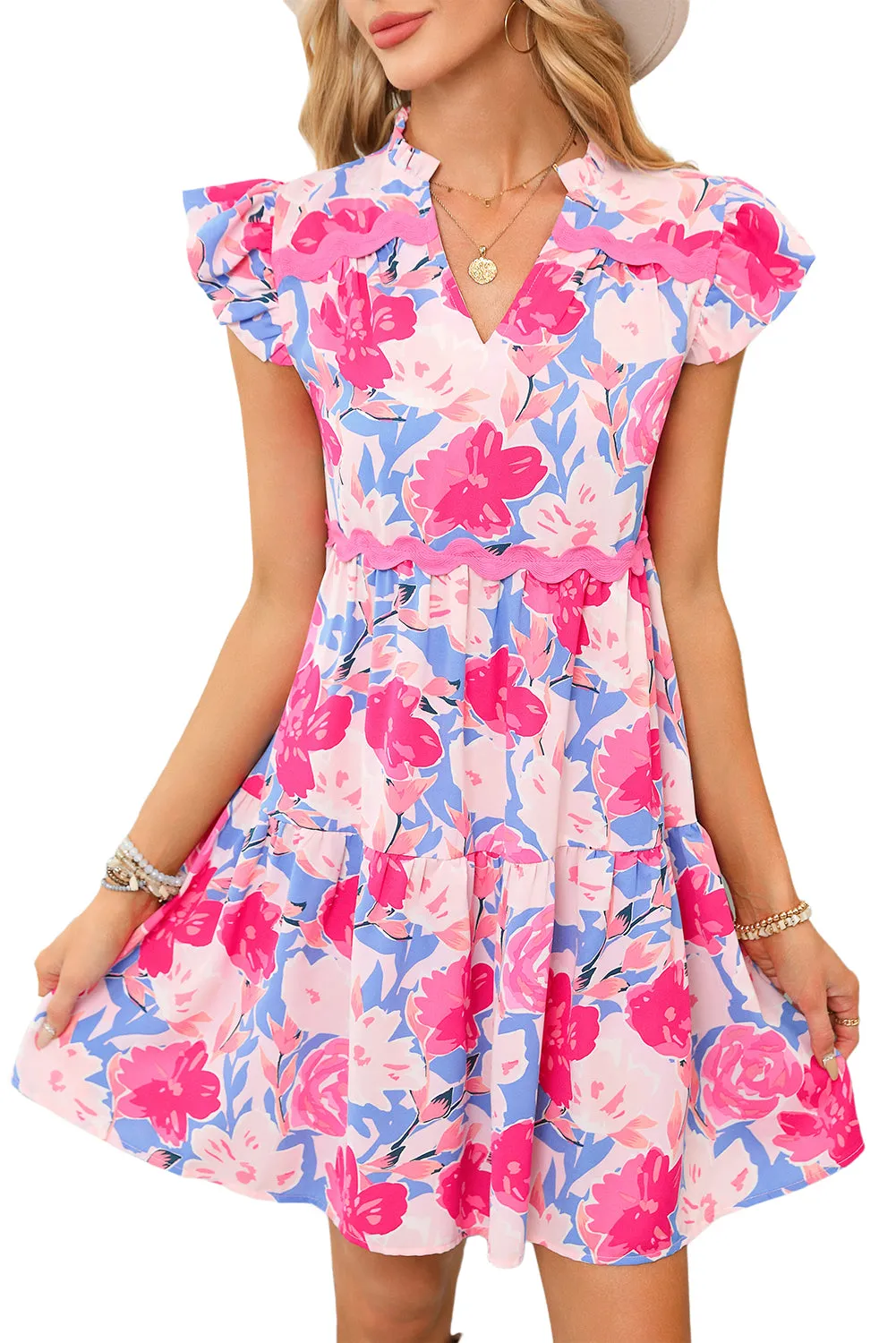 KaleaBoutique Floral Printed V Notched Ric Rac Flutter Sleeve Dress