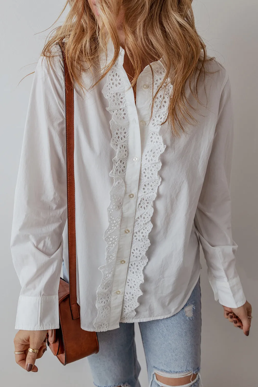 KaleaBoutique Lace Crochet Trim Turn Down Collar Buttoned Shirt