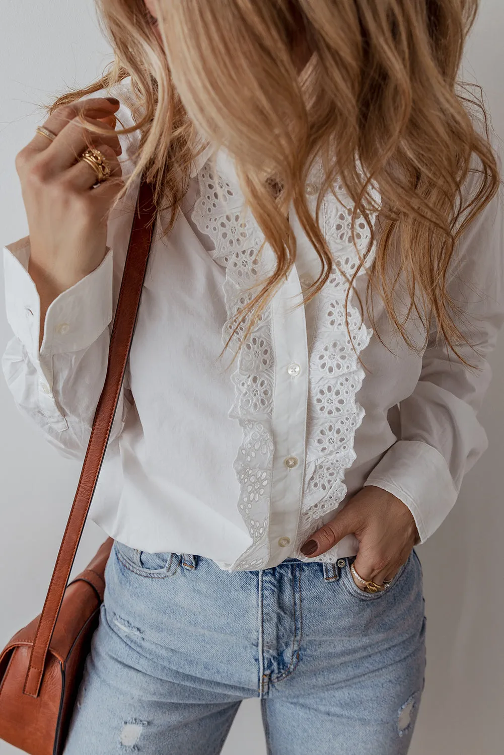KaleaBoutique Lace Crochet Trim Turn Down Collar Buttoned Shirt