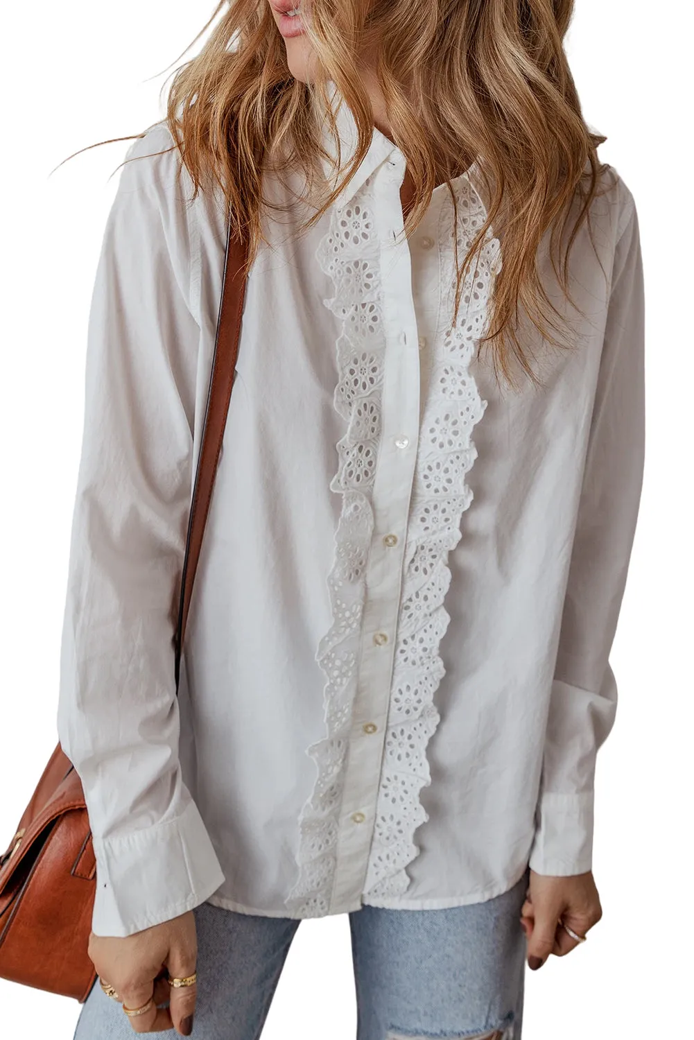 KaleaBoutique Lace Crochet Trim Turn Down Collar Buttoned Shirt