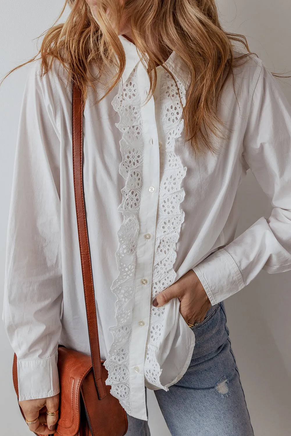 KaleaBoutique Lace Crochet Trim Turn Down Collar Buttoned Shirt