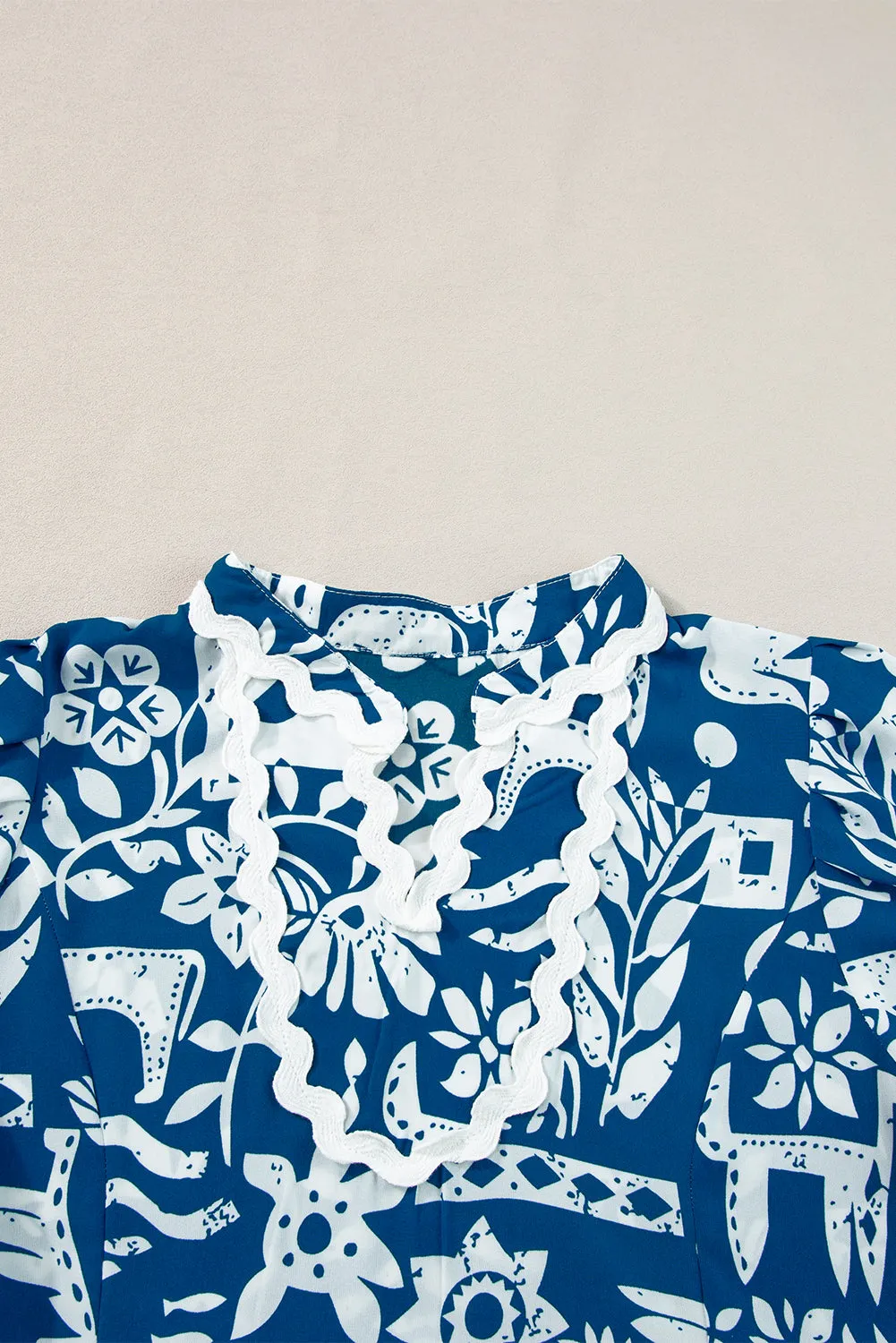 KaleaBoutique Ricrac Trim Split Neck Floral Loose Dress