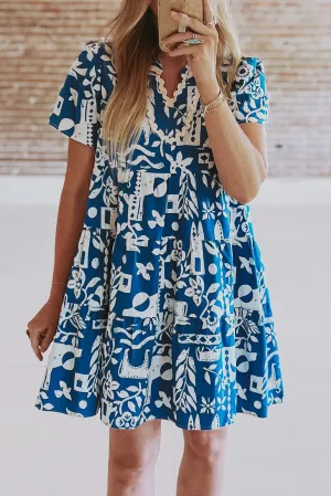 KaleaBoutique Ricrac Trim Split Neck Floral Loose Dress