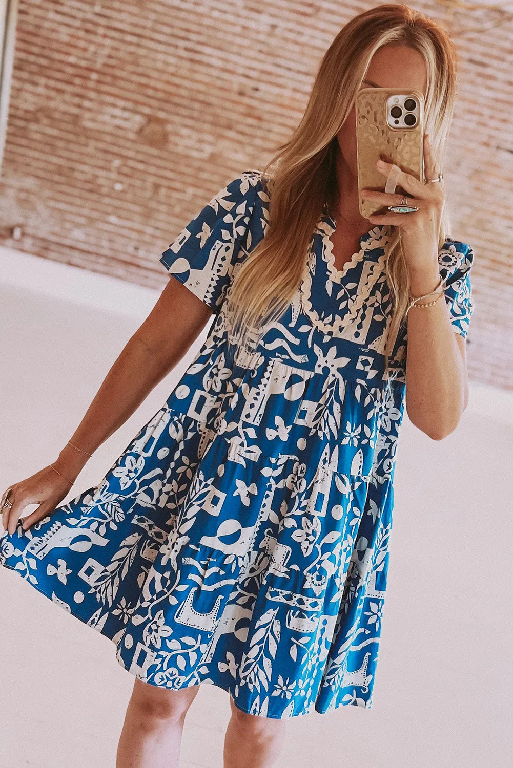 KaleaBoutique Ricrac Trim Split Neck Floral Loose Dress