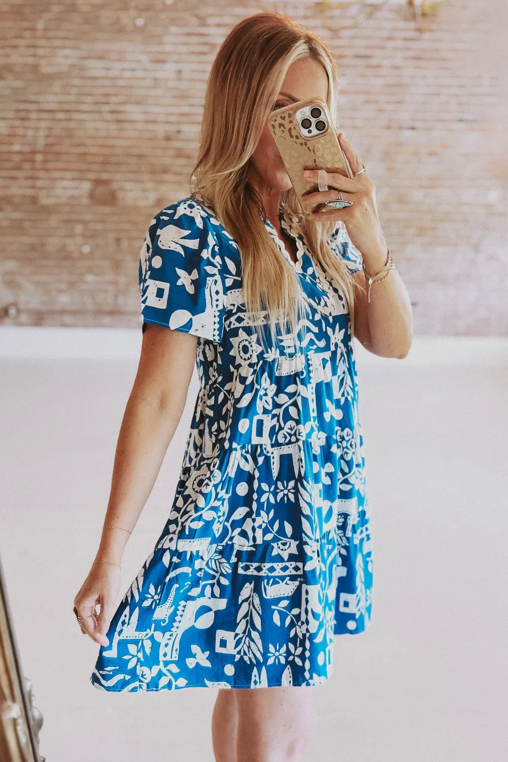 KaleaBoutique Ricrac Trim Split Neck Floral Loose Dress
