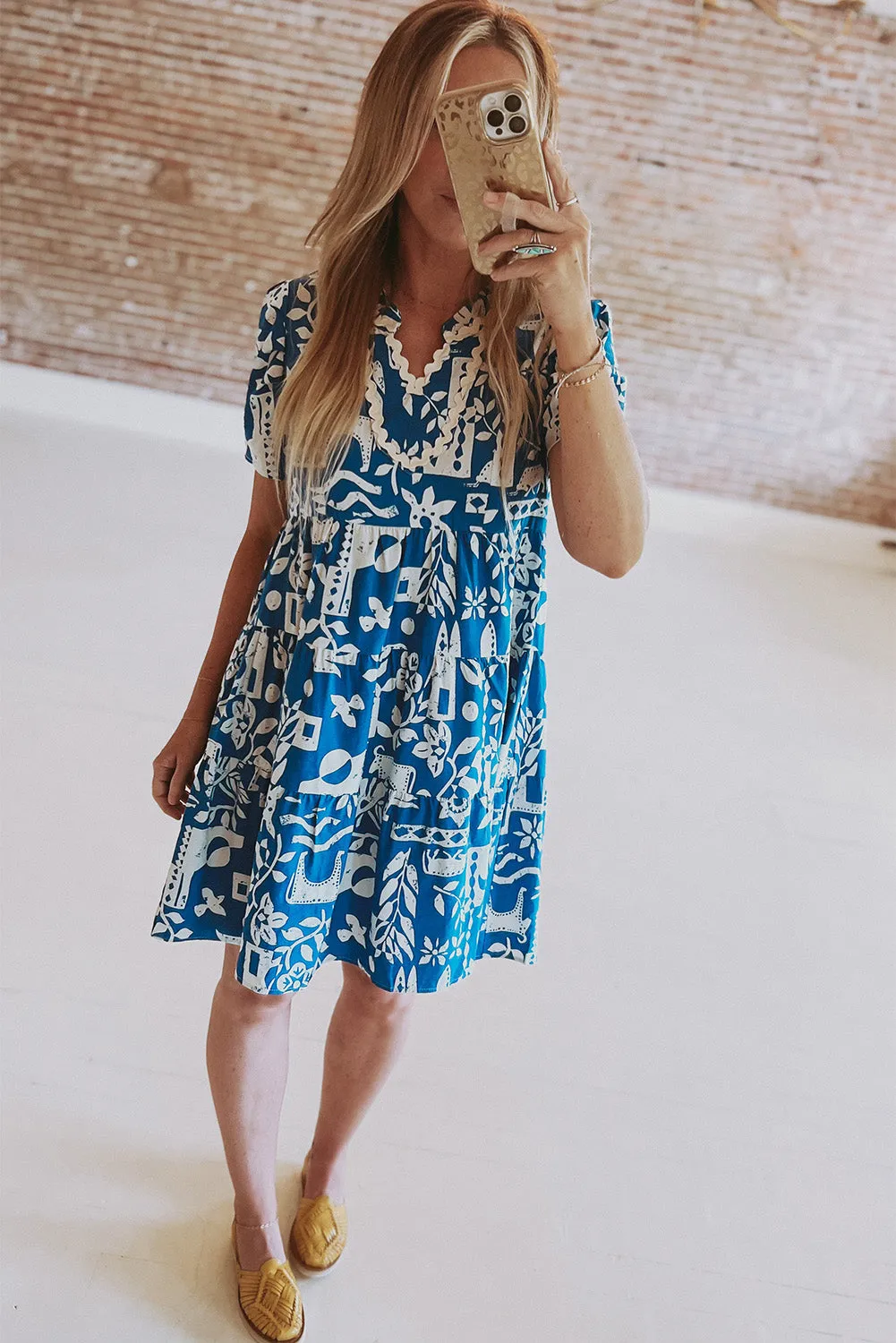 KaleaBoutique Ricrac Trim Split Neck Floral Loose Dress