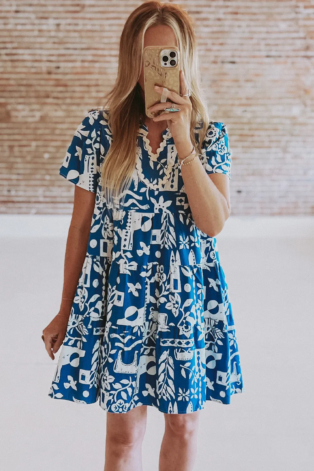 KaleaBoutique Ricrac Trim Split Neck Floral Loose Dress