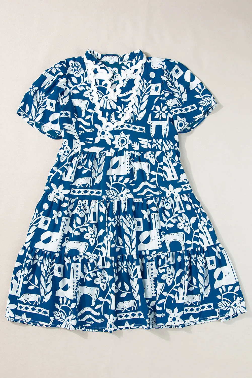 KaleaBoutique Ricrac Trim Split Neck Floral Loose Dress