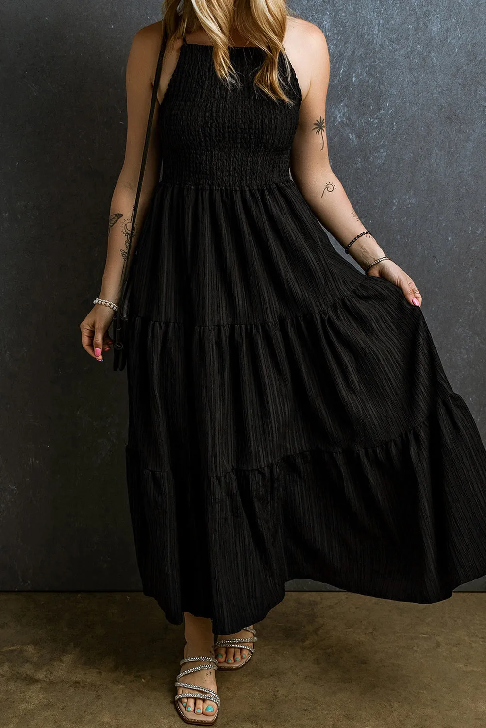 KaleaBoutique Spaghetti Straps Smocked Pleated Tiered Maxi Dress