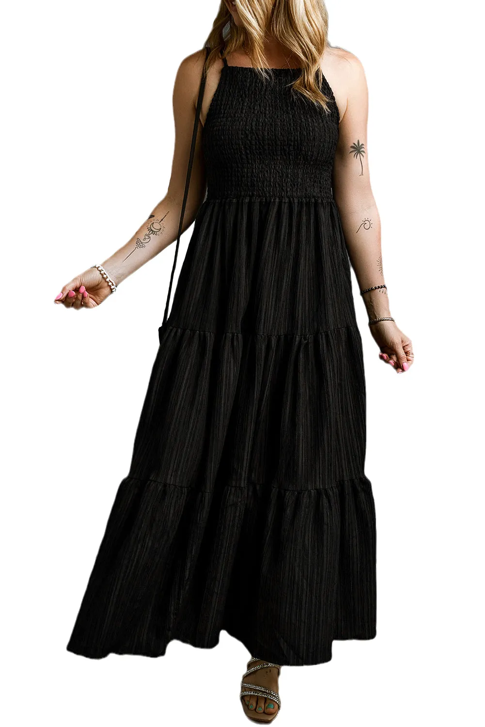 KaleaBoutique Spaghetti Straps Smocked Pleated Tiered Maxi Dress