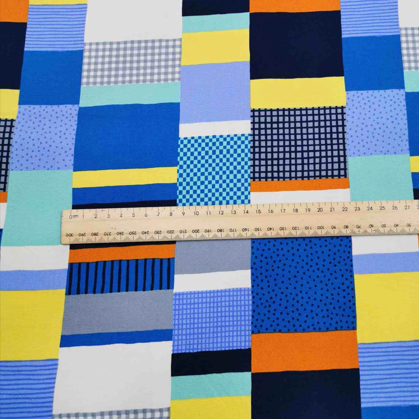 Kokka Cotton Oxford, Striped Patchwork, Blue