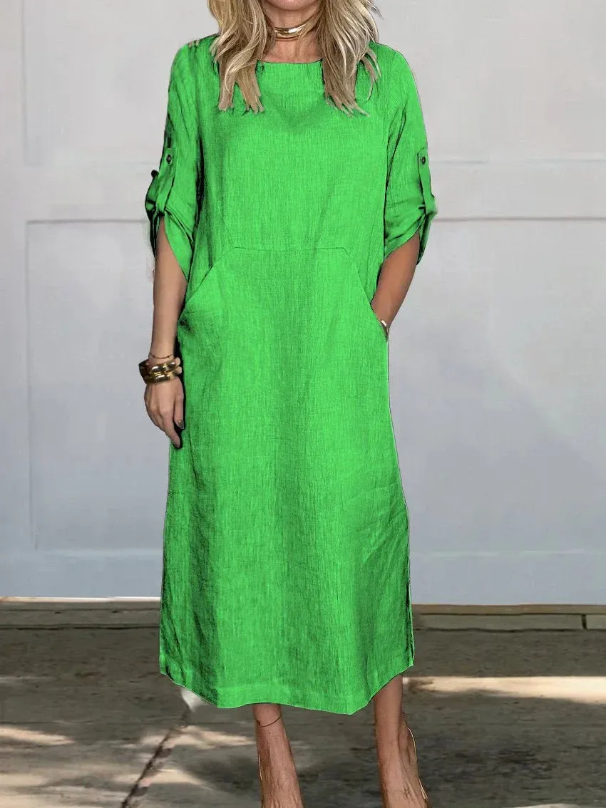 Korinna - Comfortable linen dress with pockets in solid color