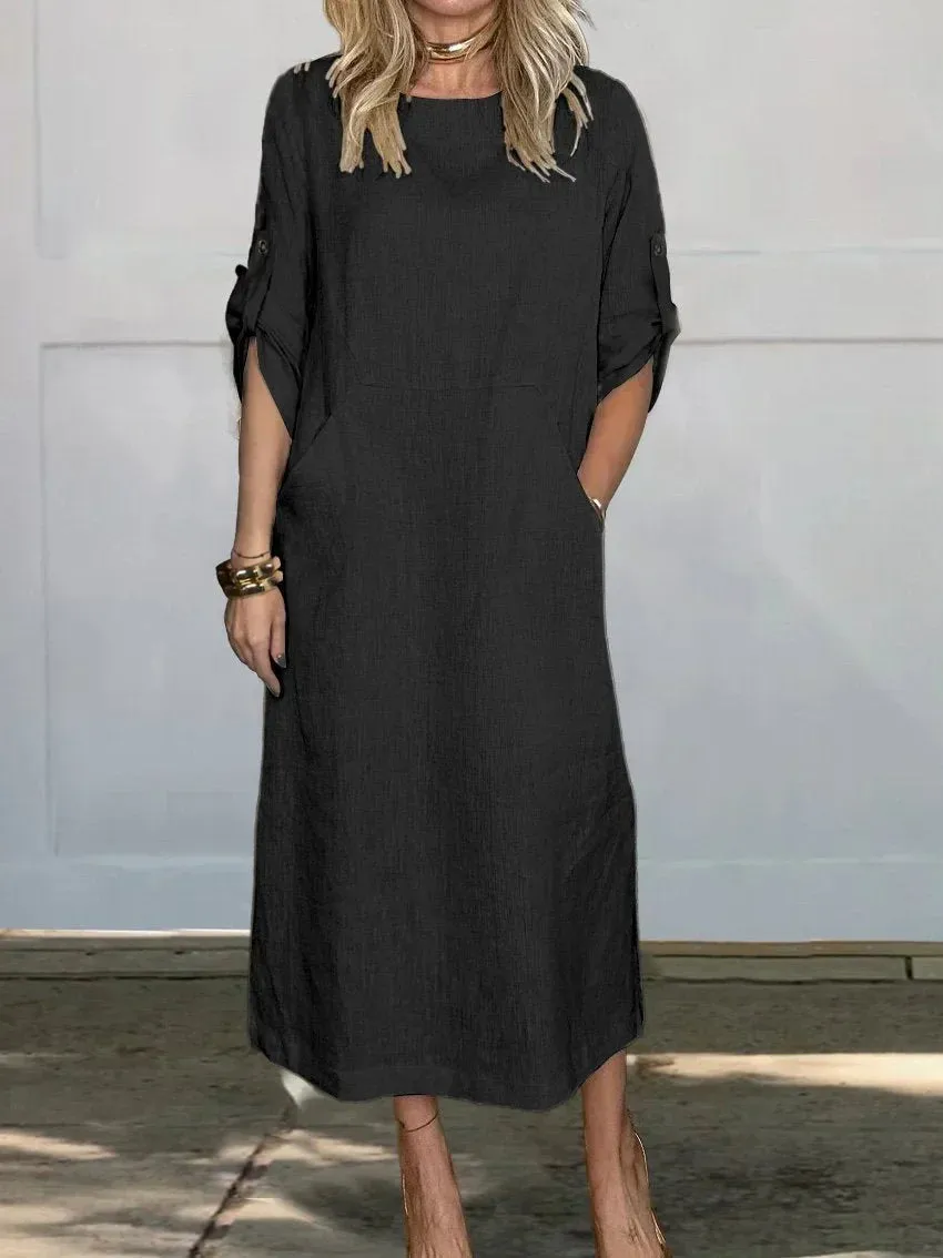 Korinna - Comfortable linen dress with pockets in solid color
