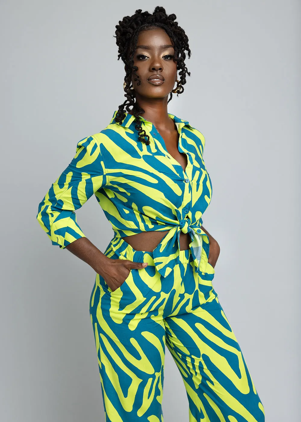 Kwamena Women's African Print Button-Up Shirt (Lime Zebra Abstract)