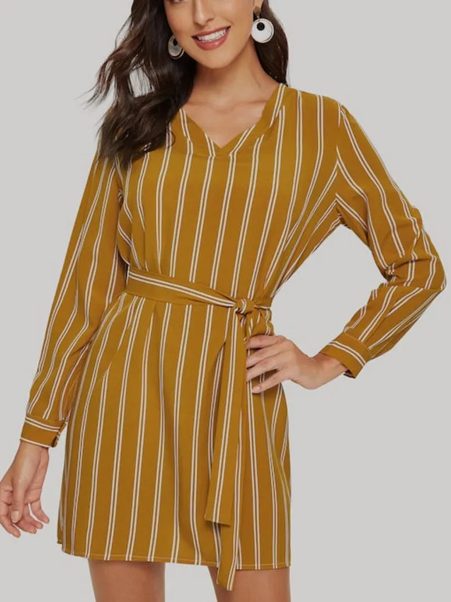 Lace-up Striped Long-sleeved Shirt Dress