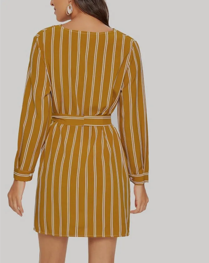 Lace-up Striped Long-sleeved Shirt Dress