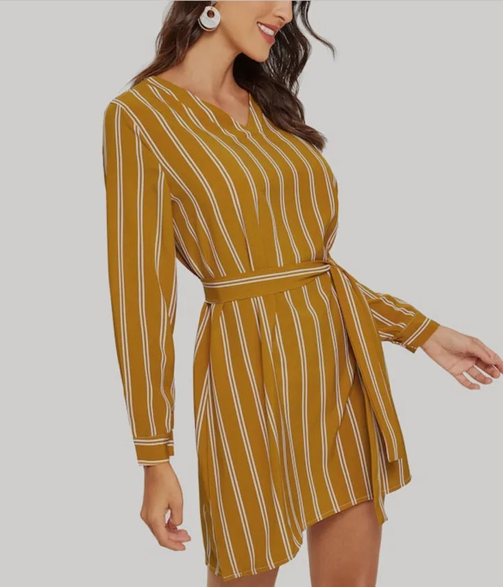 Lace-up Striped Long-sleeved Shirt Dress