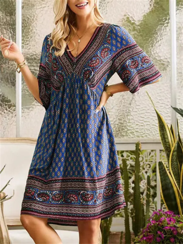 Ladies Ethnic Style Print V-Neck Knee-Length Dresses