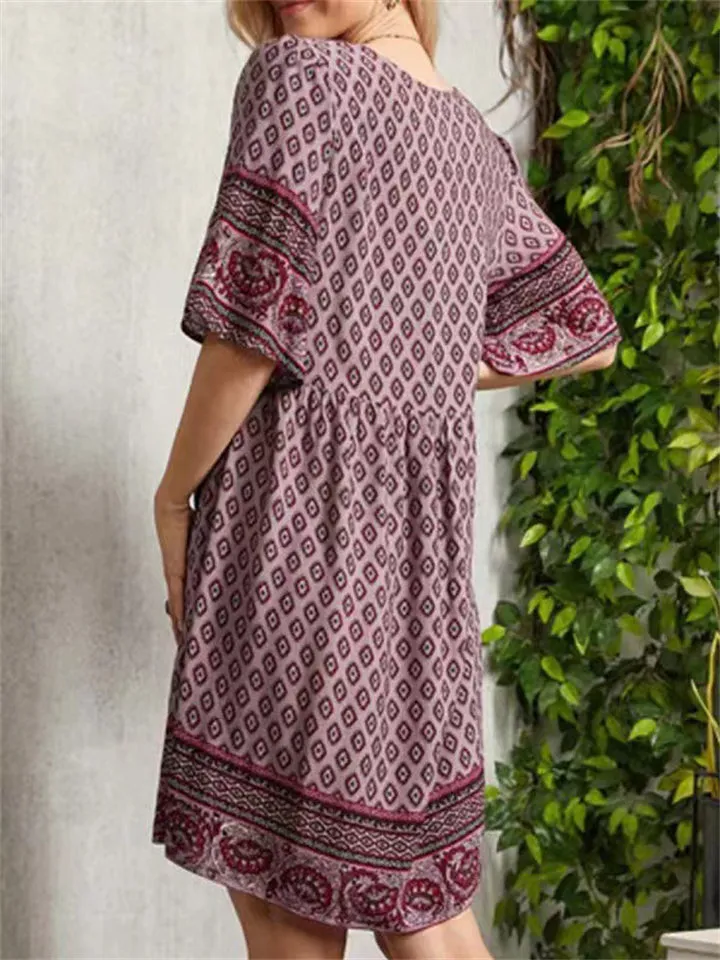Ladies Ethnic Style Print V-Neck Knee-Length Dresses