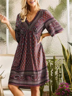 Ladies Ethnic Style Print V-Neck Knee-Length Dresses