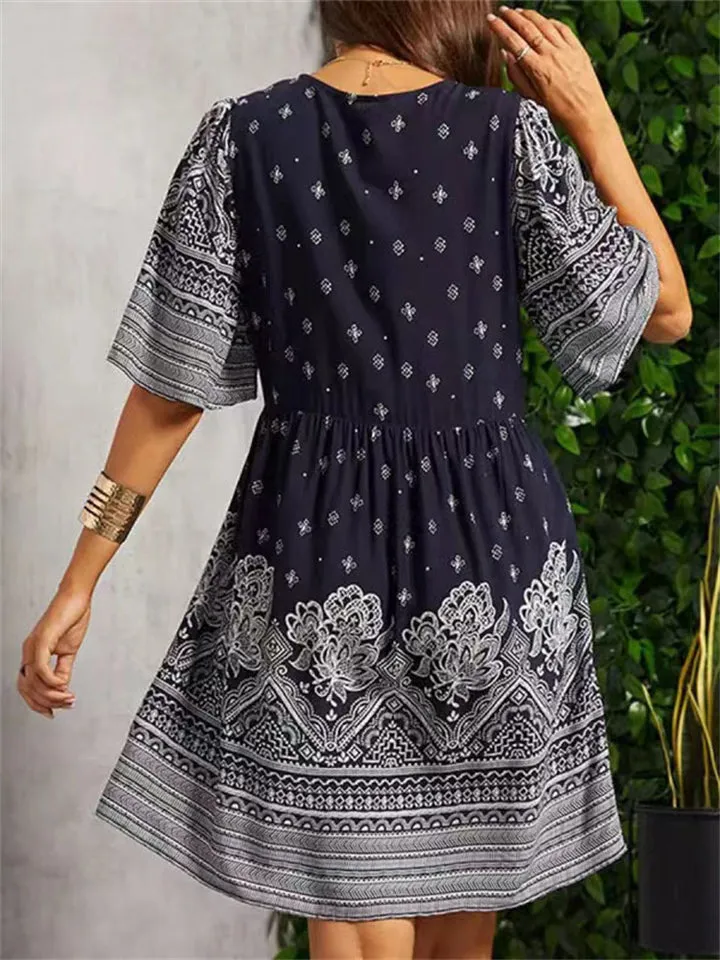 Ladies Ethnic Style Print V-Neck Knee-Length Dresses
