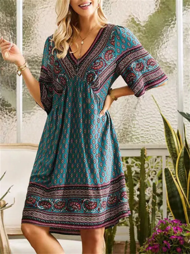 Ladies Ethnic Style Print V-Neck Knee-Length Dresses