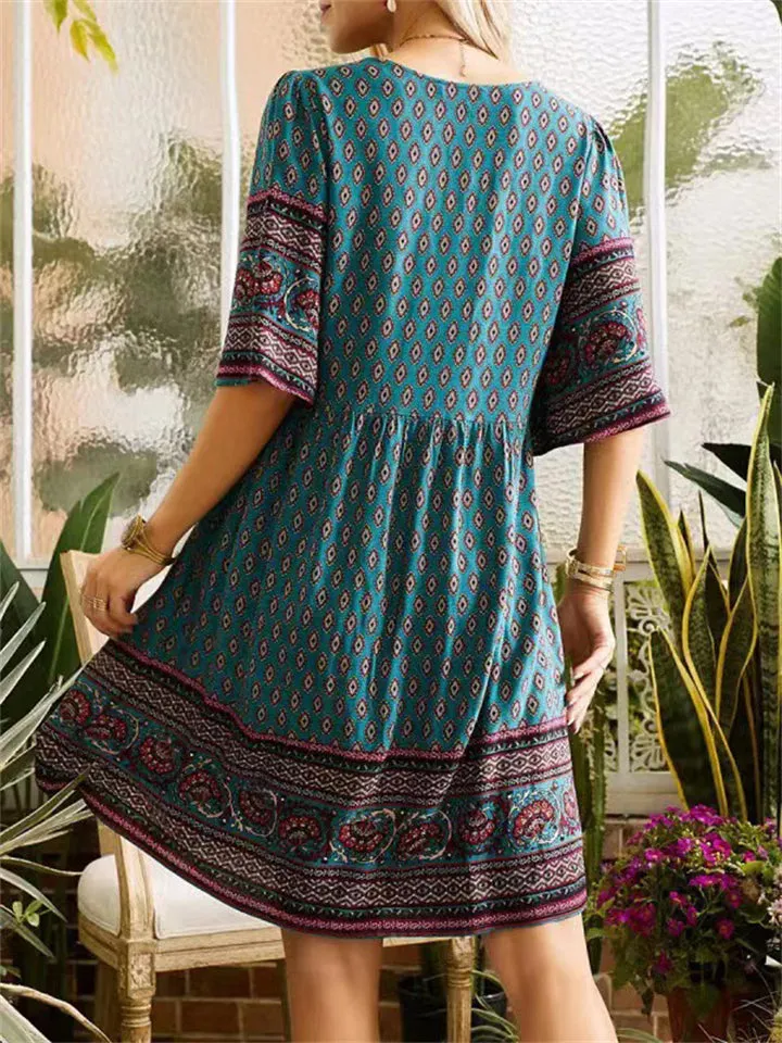 Ladies Ethnic Style Print V-Neck Knee-Length Dresses