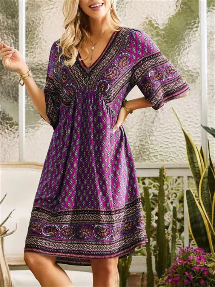 Ladies Ethnic Style Print V-Neck Knee-Length Dresses