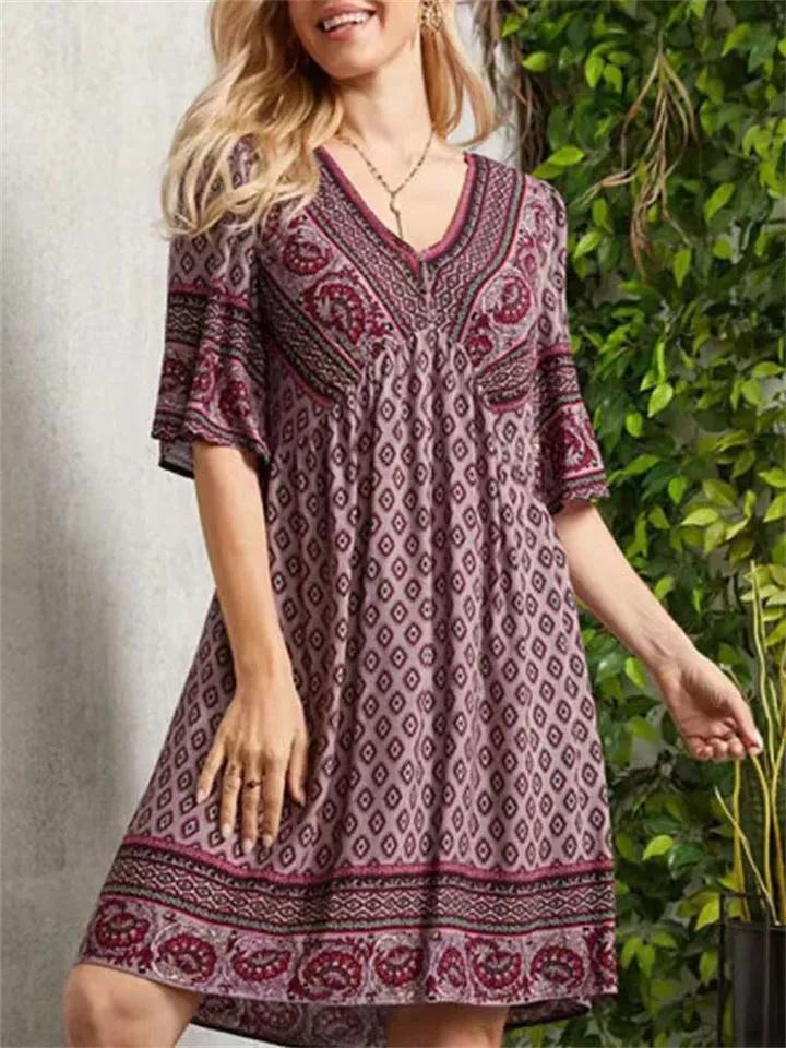 Ladies Ethnic Style Print V-Neck Knee-Length Dresses