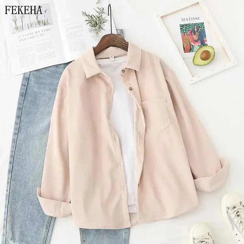 Ladies Shirt Solid Loose Boyfriend Corduroy Shirt