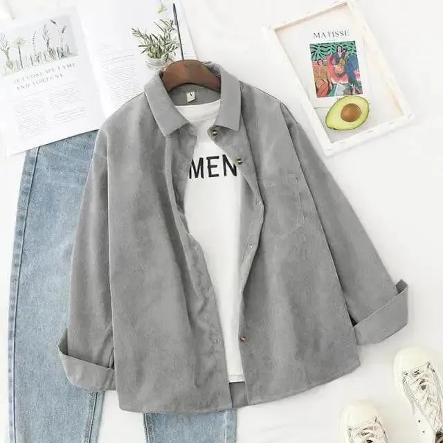 Ladies Shirt Solid Loose Boyfriend Corduroy Shirt