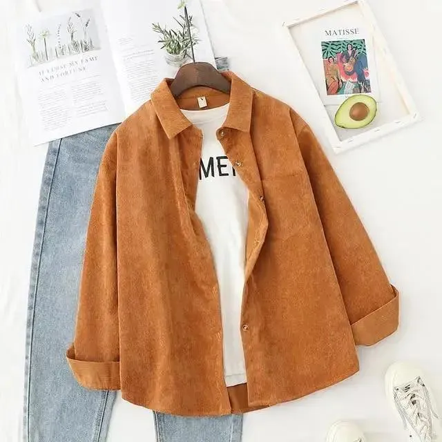 Ladies Shirt Solid Loose Boyfriend Corduroy Shirt