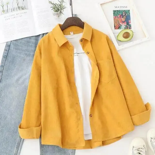 Ladies Shirt Solid Loose Boyfriend Corduroy Shirt