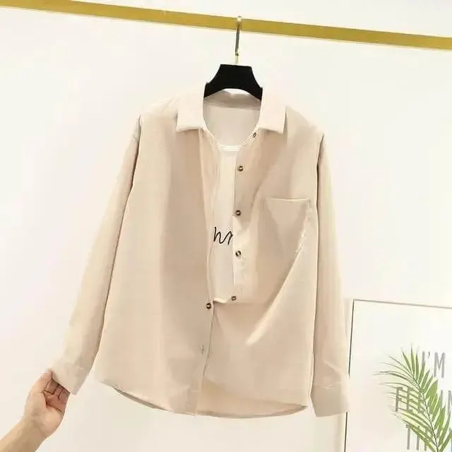 Ladies Shirt Solid Loose Boyfriend Corduroy Shirt