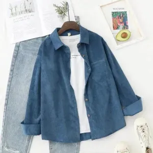 Ladies Shirt Solid Loose Boyfriend Corduroy Shirt