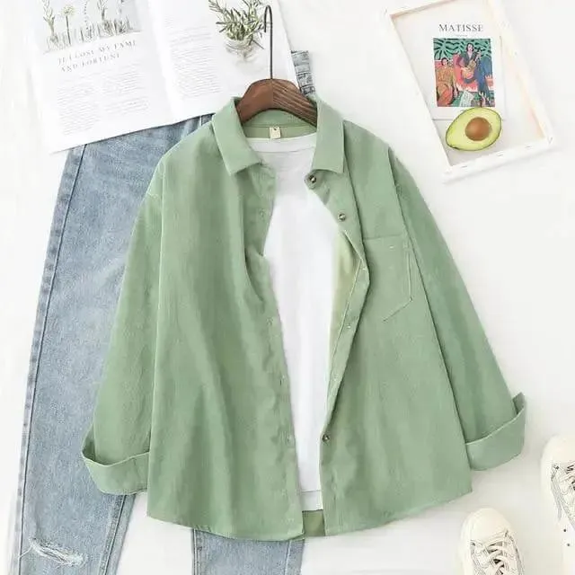 Ladies Shirt Solid Loose Boyfriend Corduroy Shirt