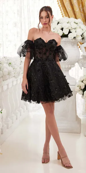Ladivine KV1089 Short Floral Strapless A-Line Dress with Puff Sleeves