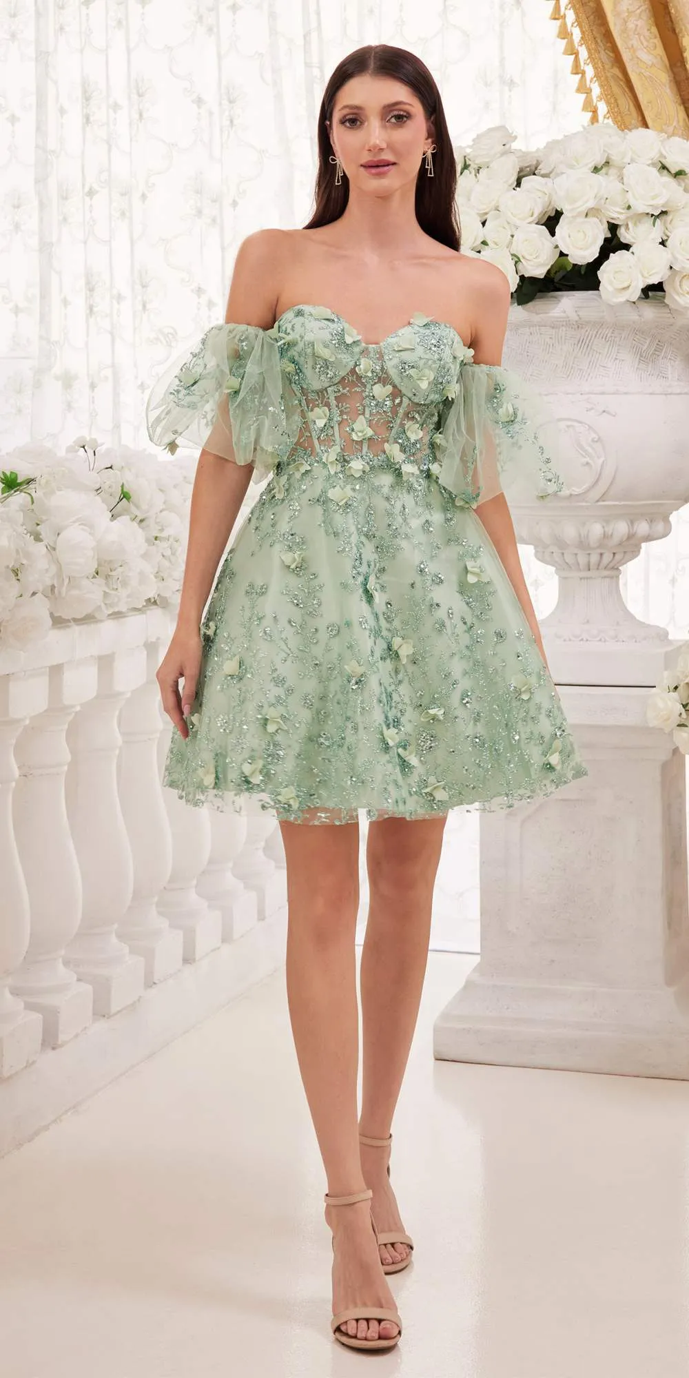 Ladivine KV1089 Short Floral Strapless A-Line Dress with Puff Sleeves