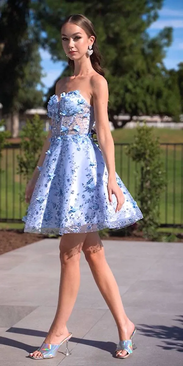 Ladivine KV1089 Short Floral Strapless A-Line Dress with Puff Sleeves