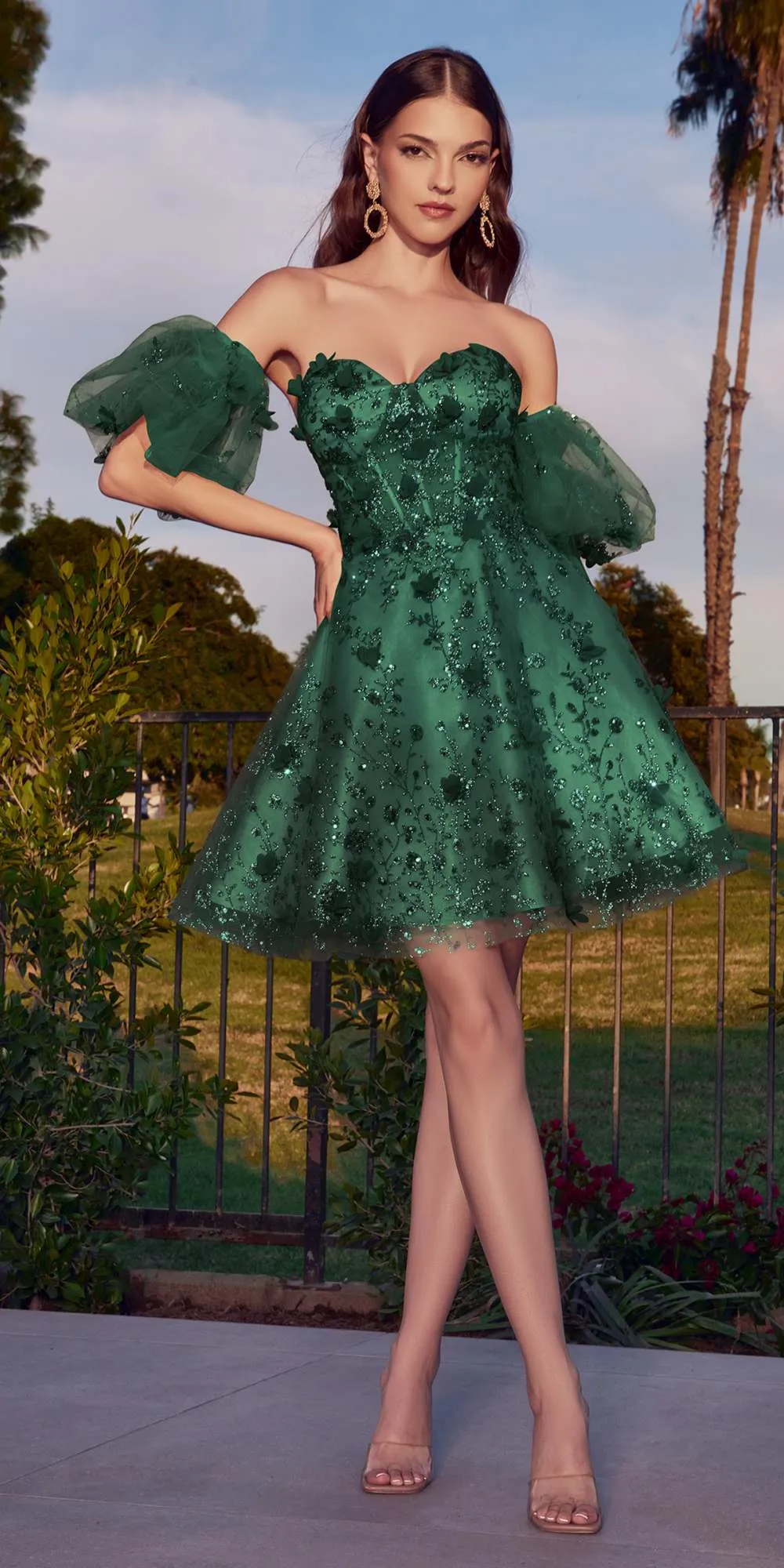 Ladivine KV1089 Short Floral Strapless A-Line Dress with Puff Sleeves